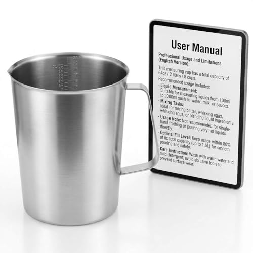 QWORK 304 Stainless Steel Measuring Cup 64 OZ with OZ/ML Graduations, 8 Cup Kitchen Mixing Pitcher, Precision Engraved Markings, Container for Baking and Frothing, 2 Liter