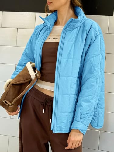GeGekoko Women's Lightweight Oversized Long Sleeve Zip Water Resistant Packable Puffer Jacket Warm Short Winter Coat - color: Sky Blue, size: Medium