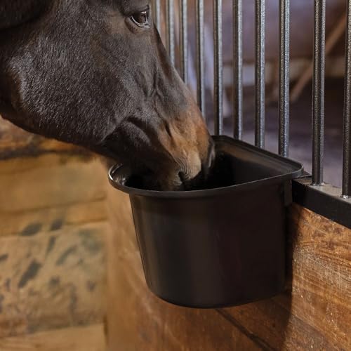 Schneiders Portable Hook-Over Horse Feed Bucket - 16 Quarts & Durable Stall, Fence or Rail Mounted Grain Feeder for Horse, Farm and Barn Use | Color Black