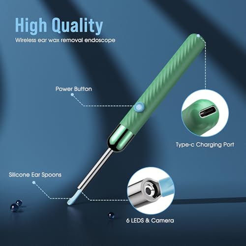 LEIPUT Ear Wax Removal - Earwax Remover Tool with 8 Pcs Ear Set - Ear Canal Cleaner with 1080P Camera - Ear Cleaning Kit with 6 Ear Spoon - Ear Camera for iOS & Android (Green) - color: Green