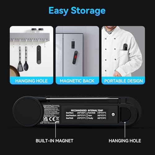0.3s Instant Read Meat Thermometer, IP67 Waterproof (Black) | Rotating Display, Calibration Function, Ideal for Grill, BBQ, Frying and Kitchen Cooking - color: Black