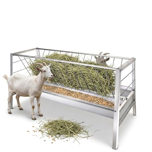 Hay Feeder, Goat Sheep Cattle Feeder, Livestock Hay Rack, Heavy Duty Livestock Feeder with Anti-Waste Grid, Dual-Compartment Metal Farm Feeding Trough for Outdoor Use
