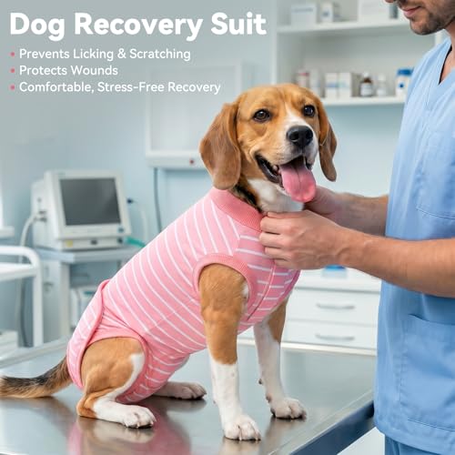 cyeollo Dog Surgery Recovery Suit, Surgical Onesie for Female & Male Dogs | Prevents Licking, Cone Alternative, After Spay & Neuter Body Suit, Protects Surgical Wounds, Easy Potty Access, 4-Way Stretch - color: Pink Stripes, size: X-Small (Back: 9"-11")