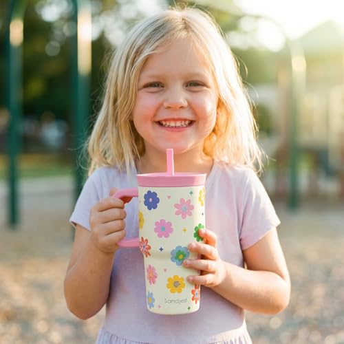 SANDJEST Floral Stainless Steel Tumbler 20oz with Handle and Silicone Straw Locking Lid for Kids Girls, Birthday Christmas Back to School - color: Floral