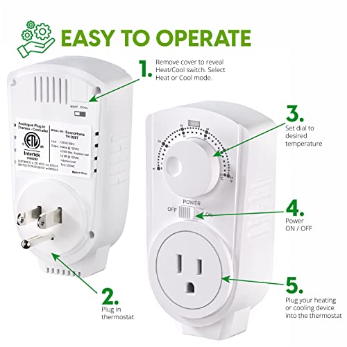 EconoHome Adjustable Thermostat - Universal Plugin Heating & Cooling Thermostat - Compatible with Most EconoHome Wall Mount Space Heaters - color: White, size: Dial Control