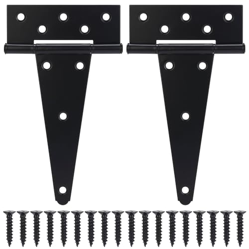 8 Inch T-Strap Gate Hinges, Shed Barn Door Hinges Heavy Duty, Black Tee Hinges for Wooden Fences, Yard Gate, Wrought Hardware Iron Rustproof (2 Pack/Set) - size: 8 Inch