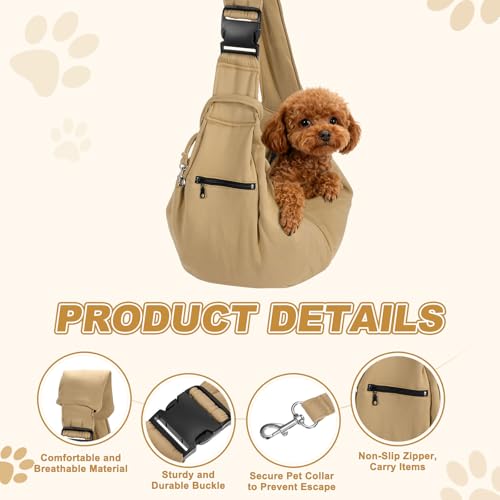 Dog Sling Carrier for Small Dogs and Cats Up to 16.5 Lbs, Breathable with Shoulder Pad Pet Crossbody Shoulder Bag, (Khaki, 1 Pcs) Intended for Outdoor/Camp/Travel - color: Khaki