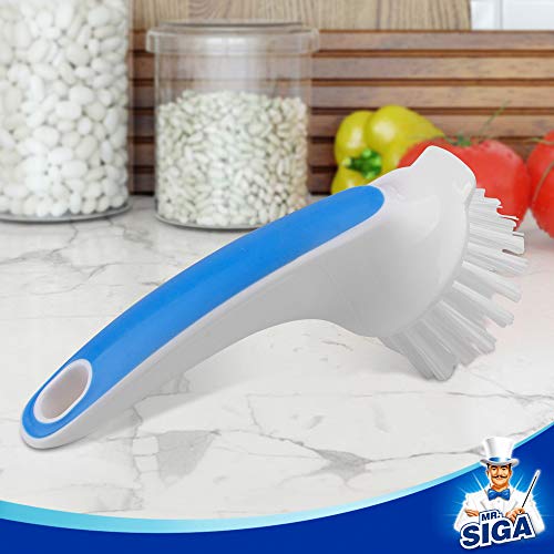 MR.SIGA Pot and Pan Cleaning Brush, Dish Brush for Kitchen, Blue, Pack of 2 | Dish brush with non slip handle and built in scraper - color: Blue & White
