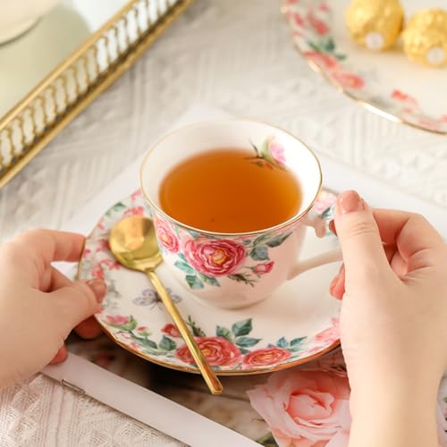 15 Piece British Bone China Tea Cup Sets, Elegant red Rose Pattern, Cups and Saucers Service for 4, with Teapot Sugar Bowl Cream Pitcher Teaspoons for Tea/Coffee, Gifts Set for Adults. - color: White and Red