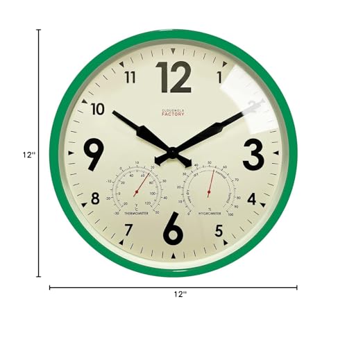 Cloudnola Indoor Outdoor Waterproof Metal Wall Clock with Thermometer and Hygrometer, Green, 12 inch Silent Non-Ticking Battery Operated Quality Quartz Round Clock for Patio and Home Decor