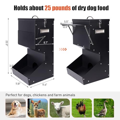 Outdoor Automatic Dog Feeder Large Breed 25 lbs Gravity Dog Feeder | Galvanized Metal Self Feeding Dog Food Dispenser Hanging Pet Food Feeders for Dogs Chickens and Farm Animals
