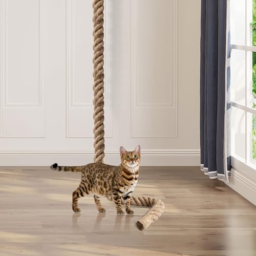 2" x 9.84Ft Cat Climbing Rope with Hook for Ceiling & Wall Mounted | Natural Sisal Rope for Cat Scratcher with Feather Toy for Indoor/Outdoor Cats, Durable Cat Tree Replacement Rope