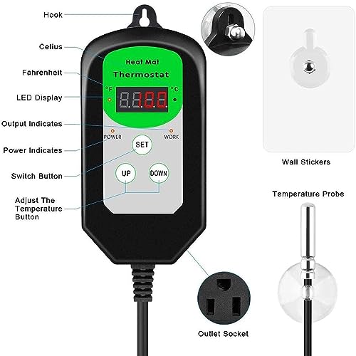 Digital Heat Mat Thermostat Temperature Controller (EMC Certified) for Seed Germination, Reptiles and Brewing Breeding Incubation Greenhouse, 42 °F to 108 °F/ 5 ℃ to 40 ℃, 1000W - size: Thermostat