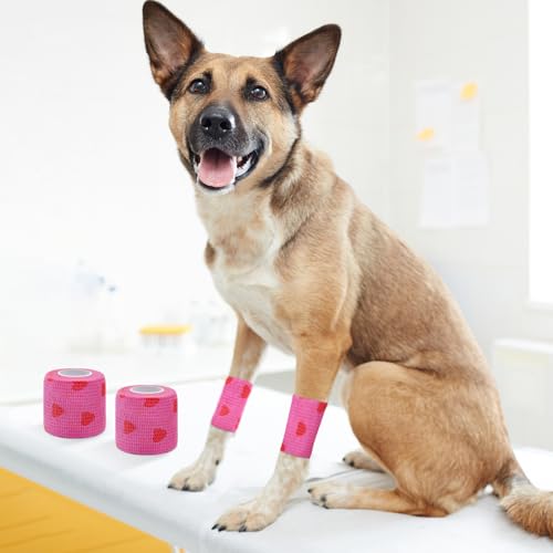 12 Roll 2 Inch x 5 Yards Heart Print Pet Vet Wrap for Dogs Cats, Cohesive Bandages in Bulk, Pink Non-Woven Self Adhesive Bandage Wrap Rolls for Pet Animals Wound Care, Ankle Sprain and Swelling