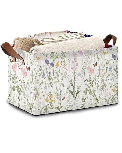 Wildflowers Butterfly Storage Baskets,Plants Botanical Foldable Large Capacity Organizer Bins with Waterproof Lining and Leather Handles for Closet,Shelf,Bedroom 17x11.5x10Inch - color: Wildflowers Butterfly Plants Botanical
