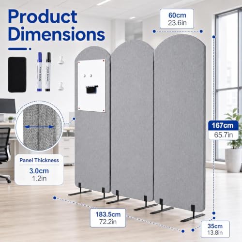 Portable Wall Divider, Office Partitions Room Divider wall with Whiteboard | 72 x 66 in Soundproofing Wall Divider, Cubicle Wall with magnet, thumbtacks, pen for Classroom Home Office School Hospital - color: Light Gray