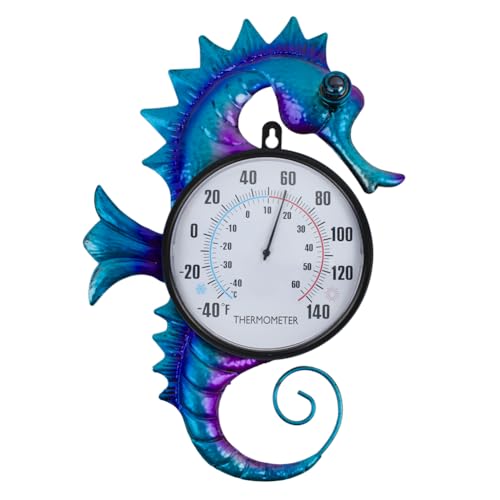 14" Seahorse Outdoor Thermometer No Need Battery | Indoor Wall-Mounted Thermometer, Easy to Read for Patio Garden Living Room Decor - color: Blue Seahorse