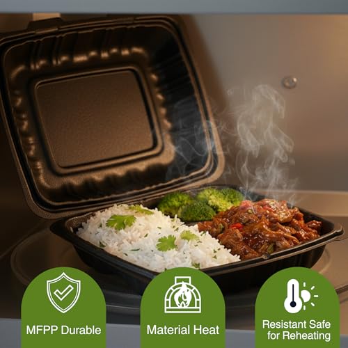 Front Lock MFPP Hinged Food Containers, 9" x 9" Black Vented Clamshell – 3 Compartment Disposable Takeout Boxes, Durable Microwaveable Containers for Restaurants & Food Service – 150 Pack - color: Black