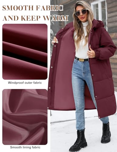 Women Long Puffer Coat Winter Warm Hooded Jacket Long Sleeve Parka Full Length Down Coats With Zip - color: Fuchsia, size: Medium