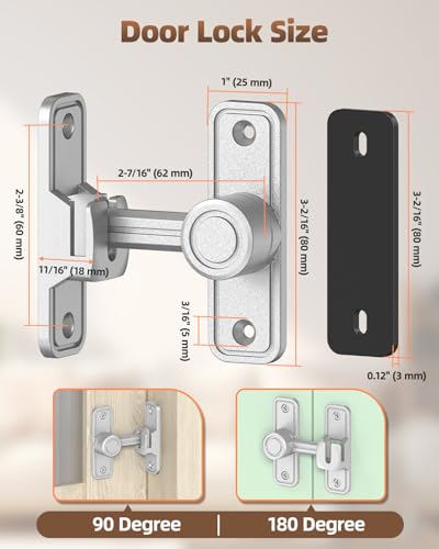 Heavy Duty Barn Door Lock, 90/180 Degree Latch, Silver, 1 Pack | Thickened Zinc Alloy, Anti-Corrosion Coating, 3mm Spacer, Left Or Right Installation, For Sliding Doors, Shed And Bathroom - color: Silver-1PC