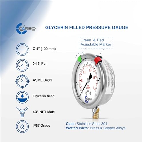 15 PSI Glycerin Liquid Filled Pressure Gauge, 4" Dial, 1/4 NPT Lower Mount, 304 Stainless Steel Case, Brass Wetted Parts, Dual Scale PSI/Bar - ASME B40.1 Grade A - size: 0-15 Psi, style: STANDARD