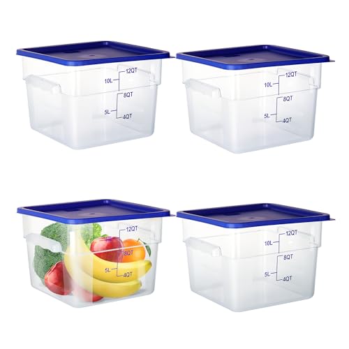 4 Pack 12 Qt Square Polycarbonate Food Storage Containers with Lids | Clear BPA-free PC with lids, side handles, measurement scale and stackable design; for food prep, storage and freezer use. - color: 12Qt
