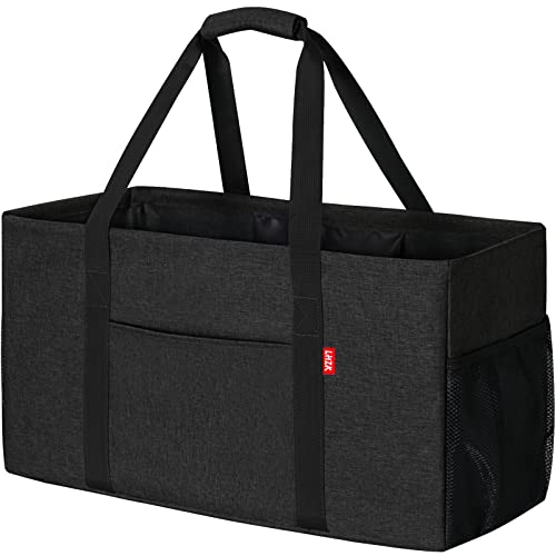 LHZK Standing Extra Large Utility Tote Bag with Metal Wire Frame and the Sides Rinforced, Extra Large Tote Bag with Handle, Reusable Grocery Bags Foldable, Beach Bag, Car Tote (Black) | Metal Wire Frame - color: Black, size: 22.5''x10.5''x12''-1 Pack