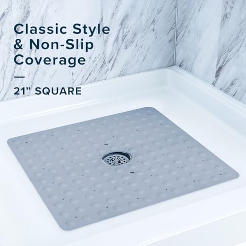 SlipX Solutions 21"x21" Mildew Resistant Non Slip Shower Stall Mat, Gray | Soft Durable Rubber Underfoot, Anti Mold, 140 Power Grip Suction Cups, Center Drain Hole - color: Gray