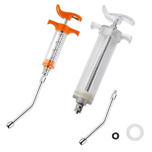 2 Set Feeding Syringe with 2 Drench Nozzle, Adjustable Dosage, Reusable Drench Gun Syringe for Small Animals Newborn Pet Livestock, Small Sheep Pig Dog Cat Bird Feeding Nursing Supplies (20ML+100ML) - size: 20ML+100ML