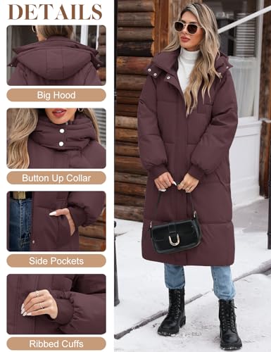 Women Long Puffer Coat Winter Warm Hooded Jacket Long Sleeve Parka Full Length Down Coats With Zip - color: Deep Purple, size: Medium