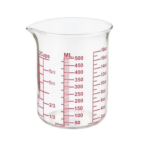 Ackers BORO3.3 Borosilicate Glass Measuring Cup, 500 ml (16 oz, 2 Cup) | Handleless beaker with printed ml, oz and cup scales and a V-shaped spout for clear measuring and controlled pouring - size: 2Cup,500ML