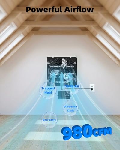 Upgraded 12" Shutter Exhaust Fan with Thermostat & Remote,980 CFM | Wall Mounted Attic Vent Fan with Thermostat, Quiet Cooling Ventilation for Garage, Greenhouse, Chicken Coop - size: 12 Inch