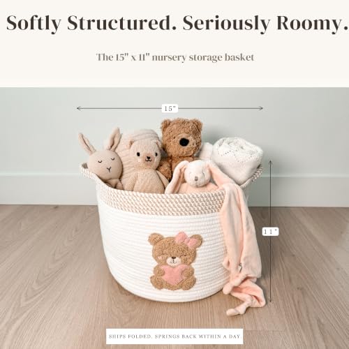Pink Teddy Bear Baby Storage Basket, Cotton Rope Nursery Bin, 15x11 in | Stuffed Animal and Blanket Storage, Embroidered Bear Patch, Baby Girl Room Decor, Gift, Kids Playroom Organizer - color: Girl Teddy