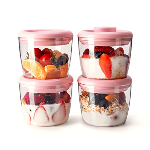 400ml Meal Prep Container Set of 4 Pink Tritan Plastic Food Storage Containers with Lids, Airtight Leakproof Pop Top Lid Bowl for Breakfast Leftovers - color: 400ml*4 Pink