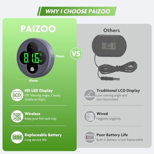 PAIZOO Wireless Aquarium Thermometer Accurate ±0.9℉, Replaceable Battery | LED Fish Tank Thermometer Digital, Switch Between ℉/℃, Aquarium Accessories for Fish Tank, Betta, Axolotl Tank or Aquatic