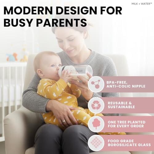 MILK & WATER Glass All-in-One Baby Bottle with Anti Colic Nipple - color: Dusty Pink