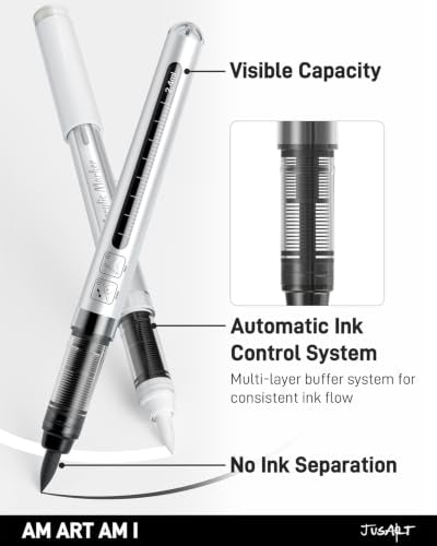JusArt 3 White Acrylic Paint Markers Brush Tip, Automatic Ink Control | Water-Based White Paint Pen, School Classroom Use, Waterproof Acrylic Pens for DIY Art & Crafts -Fabric, Wood, Rock, Plastic - color: White