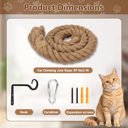 Hanging Cat Climbing Rope, 2 in x 4.92 ft Jute Rope with Hook | 5 cm x 1.5 m Rope, Natural Jute Texture, Wall or Ceiling Mount, Hook and Hardware, Scratch and Climb Use, Indoor Cats - size: 4.92FT