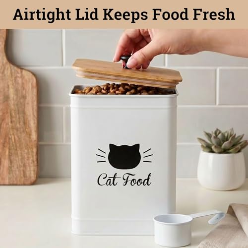 Metal Cat Food Container with Scoop 5-7 lb (25 Cup), w/ Airtight Bamboo Lid | Cat Kibble Canister with Metal Scoop, 25 Cups, Chew Proof Iron Body, Powder Coated, Airtight Bamboo Lid, Sturdy Metal Handle - color: White