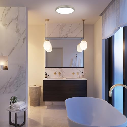 Homewerks 90 CFM Bathroom Exhaust Fan with LED, Brushed Nickel Trim | 1.5 Sones, for Rooms Up to 90 sq ft, Magnetic Trim, Galvanized Steel, EasyAnchor Install, Bathroom Vent Fan with Light - color: 90 CFM Brushed Nickel Round