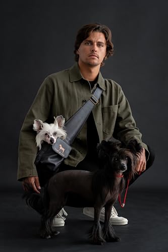 Noah & Paw Dog Sling Carrier for Small Dogs 5-18lb, Dog Sling for Small Dogs and Cats, Dog Carrier with Adjustable Padded Strap, Vegan Leather Lined with Fur, Double Safety Feature, Machine Washable - color: Charcoal