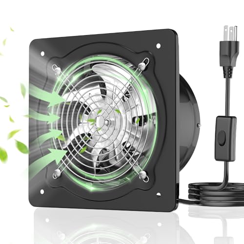 10 Inch Wall Mount Exhaust Fan, Metal Ventilation Fan with High Airflow, Suitable for Garage, Bathroom & Attic Spaces, Black - color: Black, size: 10inch
