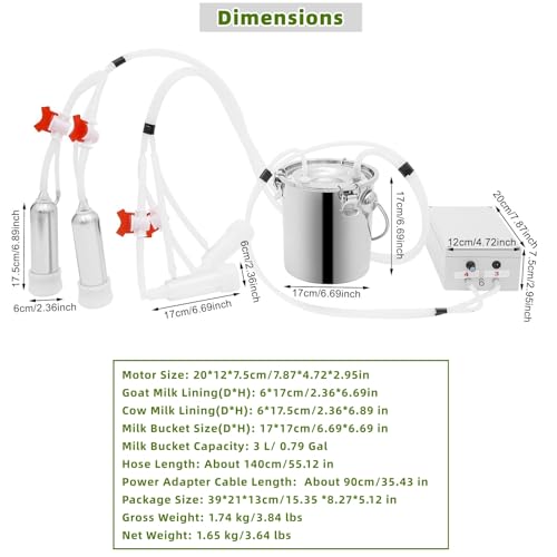 Pulsation Milking Machine for Cows and Goats, 3L Electric Cow Milker Milking Machine with Stainless Steel Bucket, Speed Adjustable Pulsating Vacuum Pump (3L) - size: 3L
