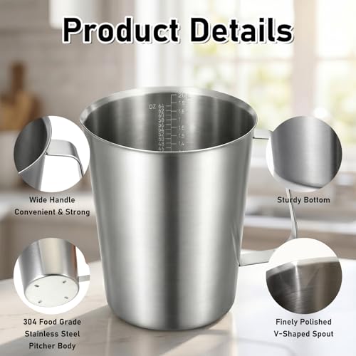 304 Stainless Steel Measuring Cup 64 OZ/2 L Measuring Pitcher with Handle | 8 Cups, Metal Milk Frothing Pitcher with OZ/ML Graduations for Latte Art, Espresso Machine