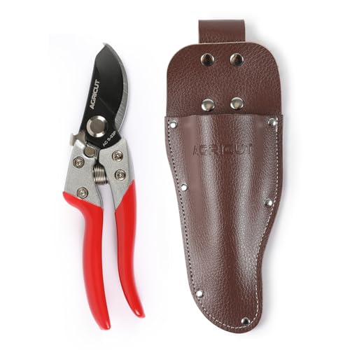 AGRICUT Hand Pruners with Sheath, Gardening Shears Scissors with Sheath | Pruning Shears with Sheath & Holster - Heavy Duty Garden Clippers with Case, Gardening Gifts for Men Women - style: Aluminum Handle, High Carbon Steel PRO with Sheath