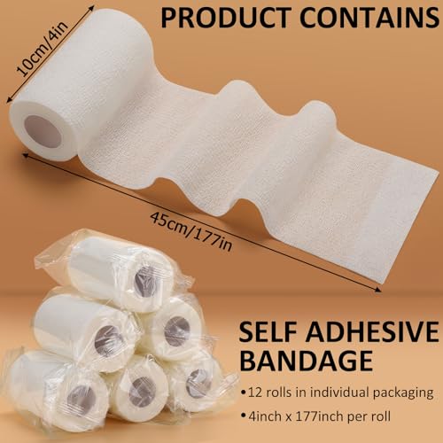 TOBWOLF 12PCS Self Adhering Bandage, 4" x 5yd Cohesive Elastic Bandage Wrap | Breathable & Non-Woven Fabric, Elastic Bandage Tape, Protective Vet Wrap for Outdoor Hunting Rifle Knife Handles - size: 4" x 5yd