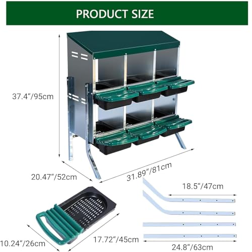 Chicken Nesting Boxes, 6 Holes Metal Chicken Egg Laying Box with Swing Perch and Rollout Egg Collection,for Various Chicken Breeds with Stand - Green 0.6mm - color: Green 0.6mm-6 Holes, size: With Stand