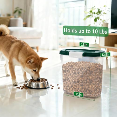 Airtight Dog Cat Food Storage Container 10 Lbs, Slim Tall Pet Food Bin | Pet Food Treat Container with Lid, Scoop and Cup, Clear Plastic Dry Food Storage Bin for Dog, Cat, Bird Seed, Kibble, Pellet - color: Dark Green