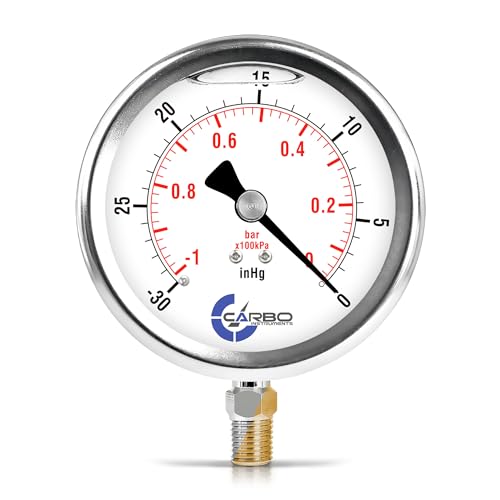 4" Pressure Gauge, Stainless Steel Case, Chrome Plated Brass Connection, Lqiuid Filled, Vacuum -30 Hg/0, Lower Mount 1/4" NPT - size: 4", style: STANDARD