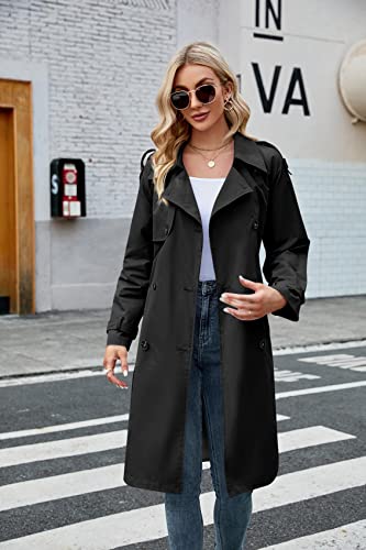 Womens Long Trench Coat Double Breasted Windproof Overcoat With Belt | Classic Lapel,Fall clothing, Spring outfits, Street outwear - color: 01 Black, size: Medium